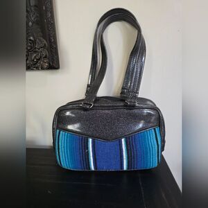 Black Glittery Vinyl Blue Striped Woven Serape Mexican Blanket Shoulder Bag Rare